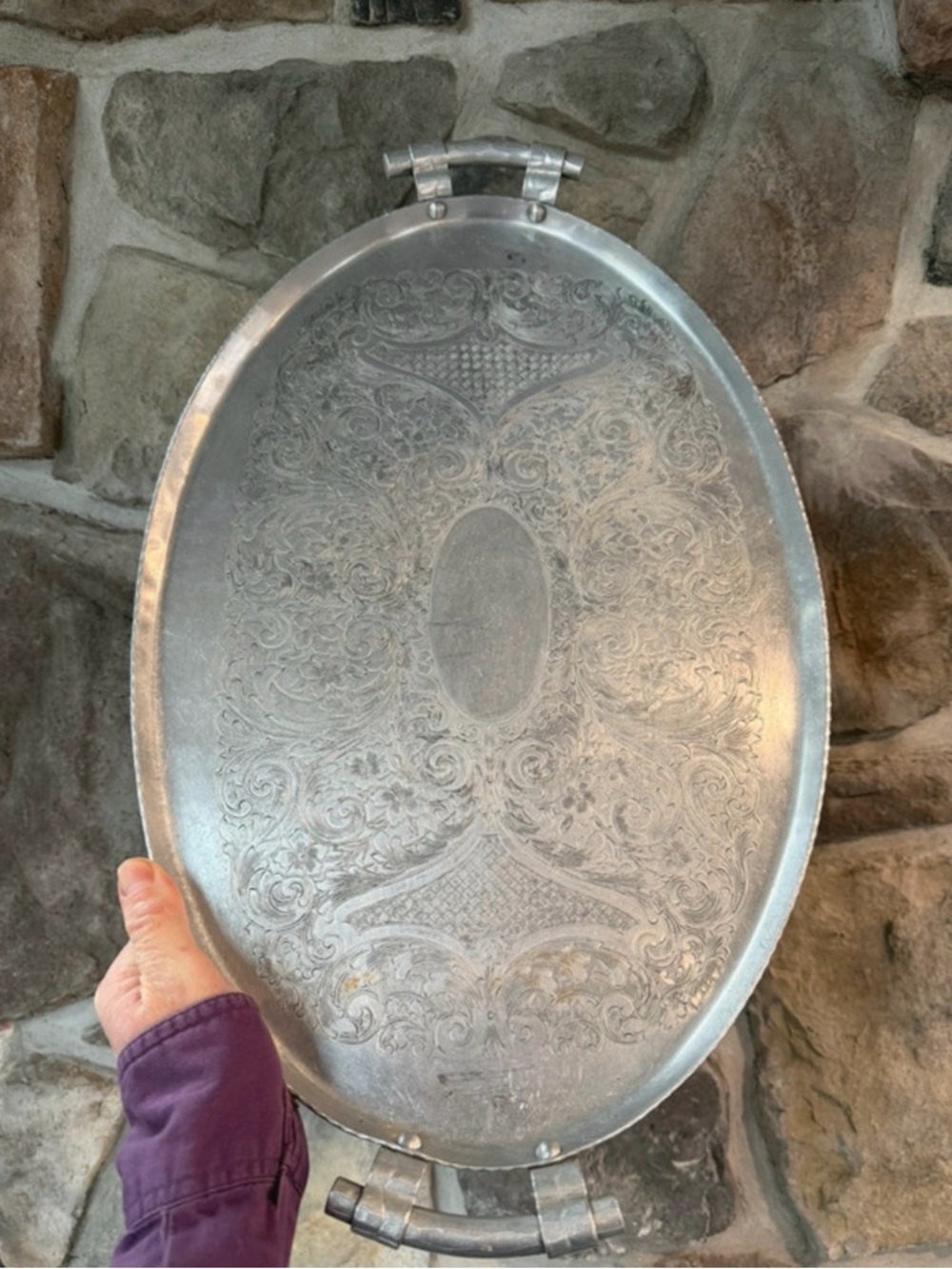 Ornate Oval Etched Metal Serving Tray - Silver Tone